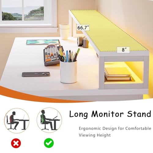 HOMBCK White Computer Desk with 3 Drawers and LED Lights, 67" Home Office Desk with Long Monitor Stand and Printer Shelfe, Writing Desk with Storage, Reversible Design，White - color: White