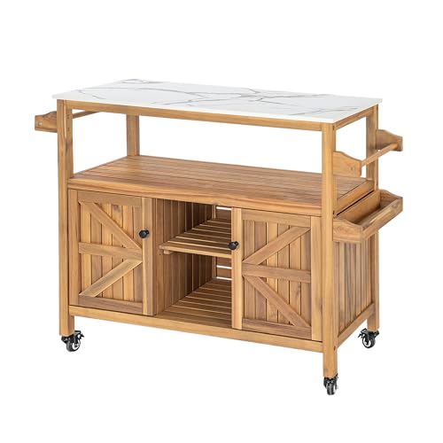 Merax Outdoor Acacia Wood Bar Cart, Natural Finish with Marble-Effect Top | Lockable Wheels & Bottle Holders for Indoor, Outdoor, Patio - style: Style 2