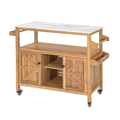 Merax Outdoor Acacia Wood Bar Cart, Natural Finish with Marble-Effect Top | Lockable Wheels & Bottle Holders for Indoor, Outdoor, Patio - style: Style 2