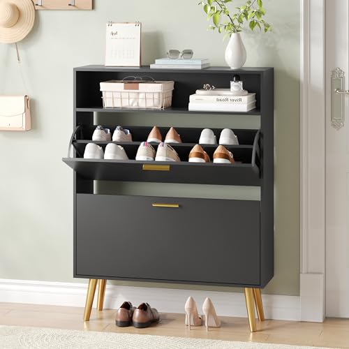Shoe Cabinet Storage for Entryway, White Shoe Organizer with 2 Flip Drawers & Open Shelf, Freestanding Hidden Large Shoe Storage Cabinet (1pc-Black, 2 Flip Drawers with Shelf) - color: 1pc-black, size: 2 Flip Drawers With Shelf