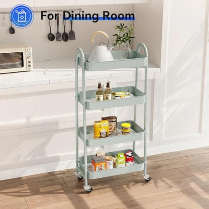 NEWBULIG 4-Tier Metal Rolling Cart with Lockable Wheels, Heavy Duty Mobile Utility Storage Shelf, Roller Book Snack Cart, Green - color: Green, size: 4 Shelves