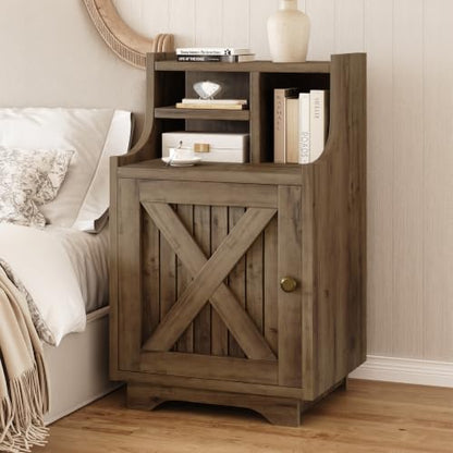 4ever2buy Oak Nightstand with Storage, 30" Tall Night Stand with Hutch | Farmhouse Tall Bedside Table End Table for Bedroom Living Room Sofa Office, Oak - color: Oak