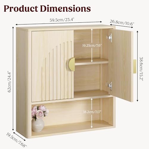 Lulive Bathroom Wall Cabinet with Adjustable Wood Shelf, Fluted Medicine Cabinet with 2 Doors, Over The Toilet Storage Cabinet for Laundry Room, Kitchen, Living Room, Natural