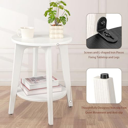 Small End Side Table Wooden Round End Table with Lower Shelf Wood Grain White Nightstand Sofa Tables for Small Spaces, Living Room, Bedroom - color: Wood Grain White