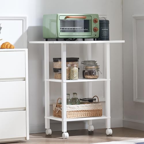 YUFAM 3 Tier Home Printer Stand with Storage, White | Wooden Mobile Printer Table Shelf, Rolling Printer Cart Shelf with Lockable Wheels fit Fax Machine, Scanner - color: White, size: 15.75"D×23.65"W×25.7"H