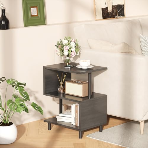 Apicizon S-Shaped Side Table, 3-Tier Nightstand with Solid Wood Legs, Slim Bedside Table with Storage Shelf, Modern End Table for Small Spaces, Bedroom, Living Room, Entryway, Black - color: Black