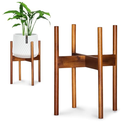 Fox & Fern Mid Century Plant Stand — 10 Inch Fixed Size Wooden Plant Stand for Indoor Planters (Not Included) - Raised Flower Pot Holder for Indoors - Plug In Design - Two Height Options - Acacia - color: Acacia, size: 10 Inch - Fixed