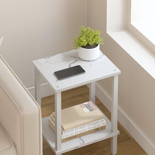 TUTOTAK End Table, Set of 2, Side Table, Nightstand, 2-Tier Storage Shelf, Sofa Table for Small Space, Living Room, Bed Room TB01BMW035 - color: Marble White