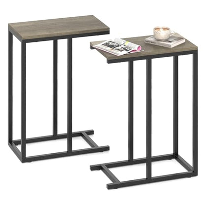 Giantex C Shaped End Table Set of 2, Small Side Tables for Sofa, Couch Tables that Slide Under with Metal Frame, Industrial TV Tray Table for Small Spaces, C Table for Living Room Bedroom, Greige - color: Greige