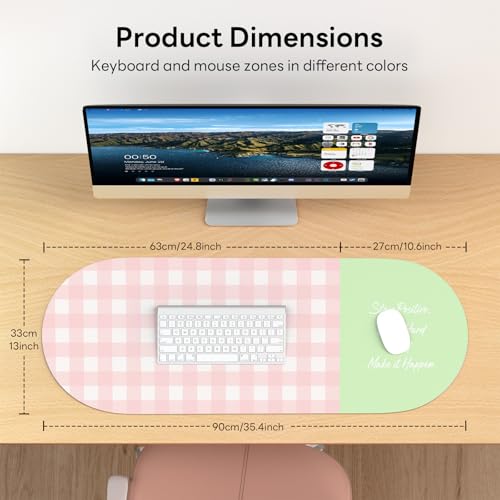 Checkered Pattern Desk Pad Protector, 35.5 x 13'' Aesthetic Mouse Mat for Desktop, Waterproof PU Leathe Non-Slip Desk Writing Pad for Office and Home, Pink and Green - color: Pink and Green