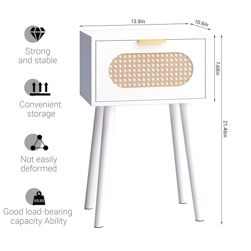 Nightstands Set of 2, Bedside Table with Rattan Door, Boho End Table with Solid Wood Legs for Bedroom, Living Room, Small Space Nightstands, White Color, HNS001W - color: White