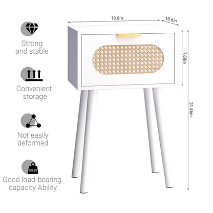 Nightstands Set of 2, Bedside Table with Rattan Door, Boho End Table with Solid Wood Legs for Bedroom, Living Room, Small Space Nightstands, White Color, HNS001W - color: White