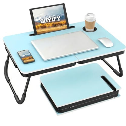 BUYIFY 23.4" Foldable Lap Desk Bed Table with Cup Holder Portable Tray | Folds Flat for Easy Storage, No Assembly Laptop Bed Desk, Sturdy and Lightweight, Patent Design, Blue - color: Blue