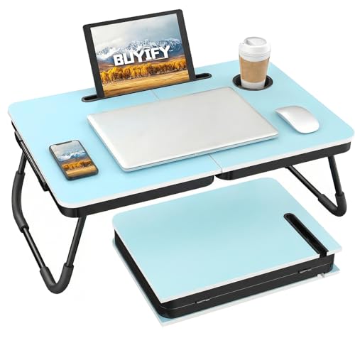 BUYIFY 23.4" Foldable Lap Desk Bed Table with Cup Holder Portable Tray | Folds Flat for Easy Storage, No Assembly Laptop Bed Desk, Sturdy and Lightweight, Patent Design, Blue - color: Blue