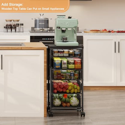 Kitchen Storage Cart with Drawer, 5-Tier Fruit Vegetable Storage Cart, Kitchen Organizer and Storage Cart with Wheels, Wooden Top Metal Wire Pantry Storage Cart rack for Fruit Snack Onion Potato - size: 5-Tier Black