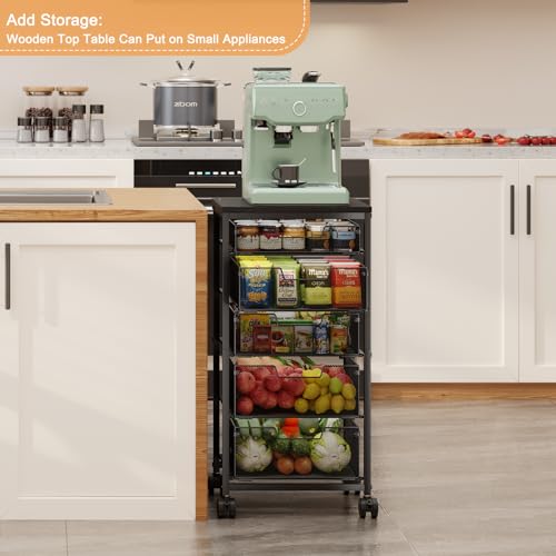 Kitchen Storage Cart with Drawer, 5-Tier Fruit Vegetable Storage Cart, Kitchen Organizer and Storage Cart with Wheels, Wooden Top Metal Wire Pantry Storage Cart rack for Fruit Snack Onion Potato - size: 5-Tier Black