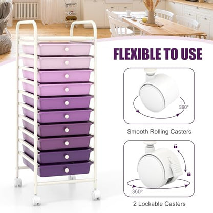 DREAMADE Rolling Cart with Storage Drawers, Utility Cart w/Removable Plastic Drawers, Lockable Wheels, Art Cart for Classroom Organization Art Supplies Office Scrapbook (10 Drawers, Gradient Purple) - color: Gradient Purple, style: 10 Drawers