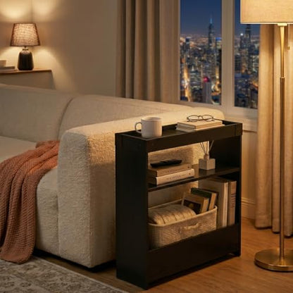 Farmhouse Narrow Side Table with Tray Top & Magazine Rack, 24" H Sofa Couch Side Table with Storage Shelf, Slim End Table for Small Spaces, Modern Nightstand for Bedroom, Living Room (Black) - color: Black