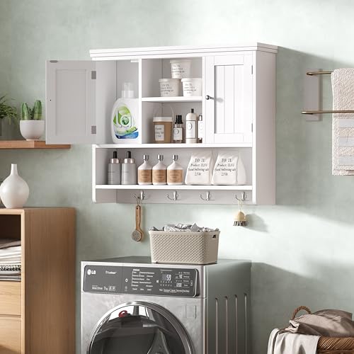 Bathroom Wall Cabinet with Doors and Hooks, 3-Tier Wall Mounted Cabinet | Modern Medicine Cabinet with 3 Open Shelves, Over the Toilet Storage Cabinet for Kitchen, Laundry Room, Living Room, White - color: White