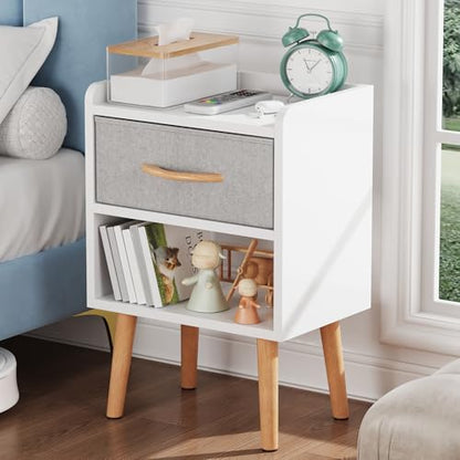 White Nightstand with Drawer, Small Wood Bedside Table, Kids Nightstand | Mid Century Modern Nightstand, Small Bedside Table for Bedroom, Kids Room & Small Spaces.