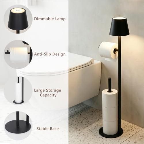 Black Toilet Paper Holder Stand with Storage, Free Standing Toilet Paper Holder for Bathroom, Toilet Paper Storage Stand with Wireless Lamp, Freestanding Toilet Paper Holder