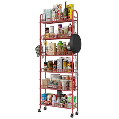 Slim Rolling Storage Cart 6 Tier, Metal Kitchen Rolling Utility Cart with Lockable Wheels for Kitchen, Bathroom, Office, Laundry Room, Small Narrow Spaces (Red 6 Inches) - size: Red 6 Inches