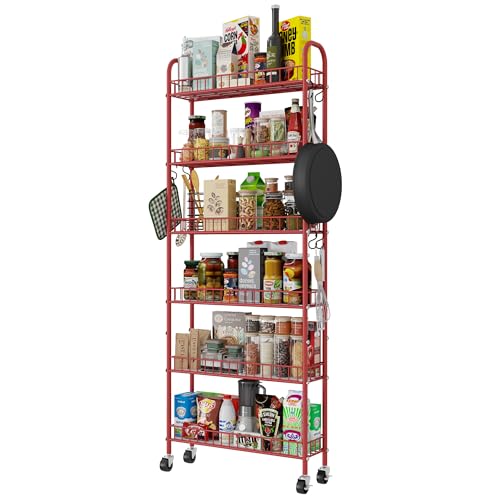 Slim Rolling Storage Cart 6 Tier, Metal Kitchen Rolling Utility Cart with Lockable Wheels for Kitchen, Bathroom, Office, Laundry Room, Small Narrow Spaces (Red 6 Inches) - size: Red 6 Inches