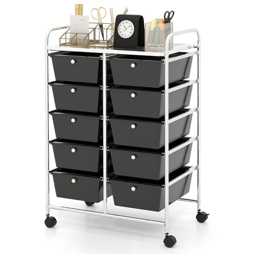 Moccha Rolling Storage Cart with 10 Drawers - Under Desk Storage Drawers with wheels for Craft Art Supply Paper Salon, Storage Drawers Organizer for Classroom Office Movable Utility Cart - color: Black, style: 10 Drawers