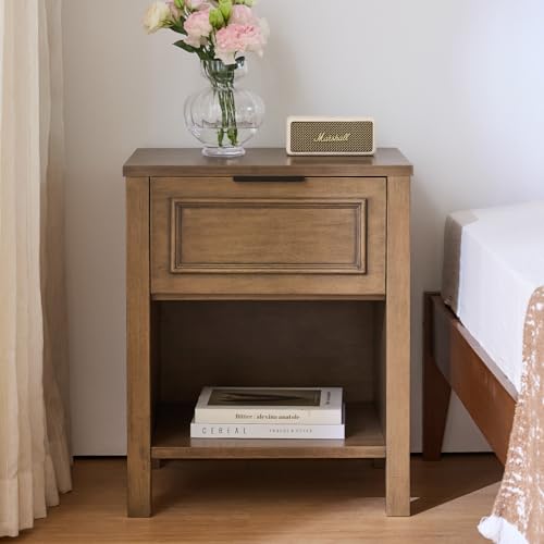 Nightstand with Drawer and Storage Shelf, Solid Wood Sofa Side End Table | Malaysian Rubberwood, 19.3 inch Wide Tabletop, 1.6" Thick Solid Wood Legs, Modern Country Rustic, for Bedroom,Caramel - color: Caramel, size: 1 Pack