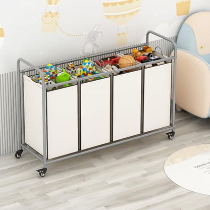 LINZINAR 4 Section Laundry Hamper, Beige Laundry Basket 180L Laundry Sorter | Laundry Room Organization with Heavy Duty Rolling Lockable Wheels and Removable Bag, Bedroom Laundry Cart for Clothes Storage - size: 4 Bags Beige