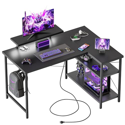 Mericonia Small L Shaped Computer Desk with Power Outlets, Reversible Gaming Desk with Storage Shelves & Monitor Stand, Corner Gamer Desk Table, Study Writing Table - color: Black, size: 40 inch