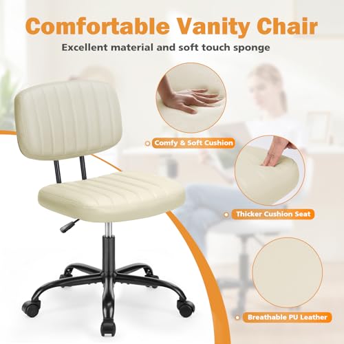 Sweetcrispy Small Office Desk Chair, Armless PU Leather with Comfy Lumbar Support, Height Adjustable Rolling Swivel Task for No Arms, for Adult, Student, Bedroom, Home, Vanity, Beige White - color: Beige