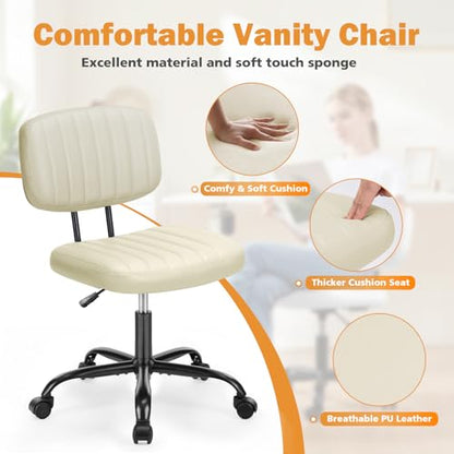 Sweetcrispy Small Office Desk Chair, Armless PU Leather with Comfy Lumbar Support, Height Adjustable Rolling Swivel Task for No Arms, for Adult, Student, Bedroom, Home, Vanity, Beige White - color: Beige
