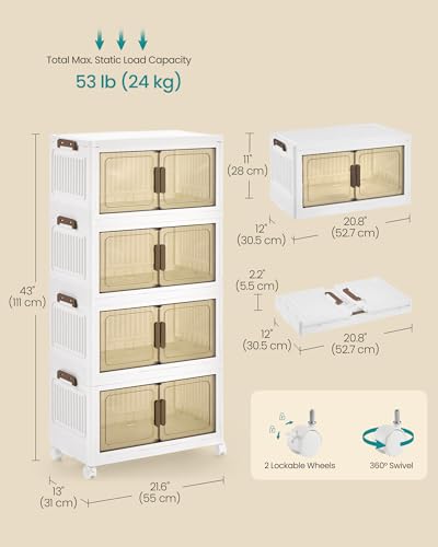 SONGMICS 48QT Plastic Storage Bins with 1 Lid, 4-Tier Stackable Bins with Doors and Wheels, Foldable Storage Boxes, for Closets, Bedroom, Living Room, Office, White URLB450WZ01 - size: 4 x 48QT