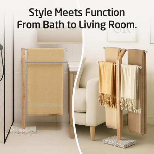 KES Width Adjustable Free Standing Towel Rack with 3X Thicker Weighted Golden Granite Base, 2-Tier Wooden Towel Rack Stand for Bathroom Floor, 18/8 Stainless Steel, Brushed Finish, BTH800-GBS - color: Golden Granite