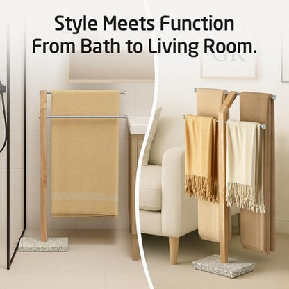 KES Width Adjustable Free Standing Towel Rack with 3X Thicker Weighted Golden Granite Base, 2-Tier Wooden Towel Rack Stand for Bathroom Floor, 18/8 Stainless Steel, Brushed Finish, BTH800-GBS - color: Golden Granite