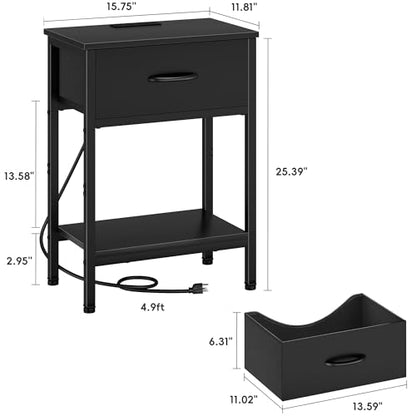 Vagusicc Black Nightstand with Charging Station, End Table with Fabric Drawer, Small Side Table with 2-Tier Storage Shelves, 25.4" Tall Bedside Table, Black Night Stand for Bedroom, Living Room, Dorm - color: Black (1 Pack)