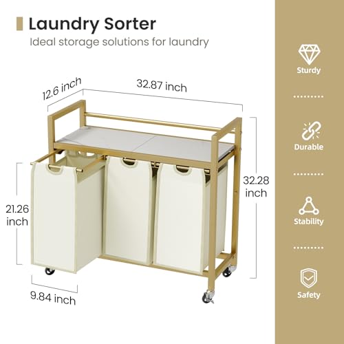 SwaaVee Laundry Sorter, Laundry Hamper 3 Section, 3×11.4Gal, Metal Frame Rolling Laundry Basket with Wooden Top Shelf, Pull out and Removable Laundry Bags, 3 Bags-Golden - color: Gold