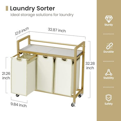 SwaaVee Laundry Sorter, Laundry Hamper 3 Section, 3×11.4Gal, Metal Frame Rolling Laundry Basket with Wooden Top Shelf, Pull out and Removable Laundry Bags, 3 Bags-Golden - color: Gold