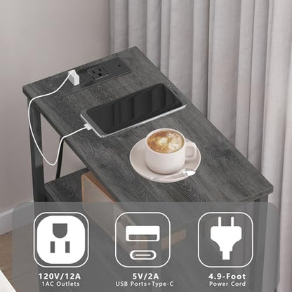 TUTOTAK Small Narrow End Table with Charging Station, Set of 2, Side Table with Outlets, Nightstand with Cloth Drawer, Couch Table, for Living Room, Bedroom, Bedside, Charcoal Grey TB01BY058 - color: Charcoal Grey, style: 1 Drawer & Plug