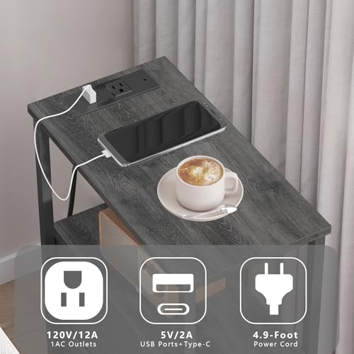 TUTOTAK Small Narrow End Table with Charging Station, Set of 2, Side Table with Outlets, Nightstand with Cloth Drawer, Couch Table, for Living Room, Bedroom, Bedside, Charcoal Grey TB01BY058 - color: Charcoal Grey, style: 1 Drawer & Plug