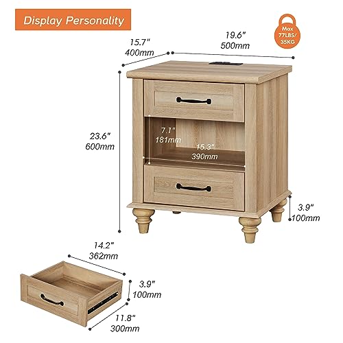 WAMPAT Farmhouse End Table Nightstand with Charging Station, Small Side Table with 2 Drawers for Living Room, Light Wood Night Stand Bedside Table for Bedroom, Oak - color: Oak