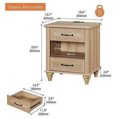 WAMPAT Farmhouse End Table Nightstand with Charging Station, Small Side Table with 2 Drawers for Living Room, Light Wood Night Stand Bedside Table for Bedroom, Oak - color: Oak