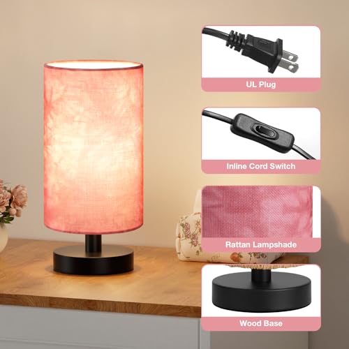 Fenmzee Small Table Lamp for Bedroom - Inline Control, Bedside Lamp with 3000K A15 LED Blub, Easy Assembly (Pink Shade - Black Base, 9" Inline Control) - color: Pink Shade - Black Base