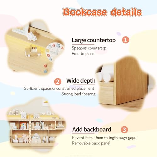 Lkeiyay Kids Bookshelf with LED Lights, Montessori Storage Unit, Natural | Freestanding open cubby kids bookcase with LED light, rounded safety edges, perfect for kids bedroom, playroom & nursery - color: Natural Wood