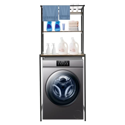 Over Washer and Dryer Shelves,Dryer Storage Shelf,3 Tiers Laundry Room Storage and Organizer Standing Shelf,Height Adjustable Laundry Room Shelves, Load-Bearing Capacity 22lbs (Black+ Oak) - color: Black+ Oak