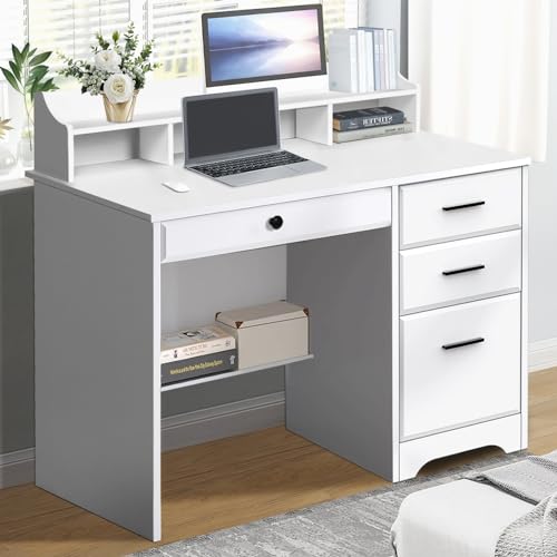 Catrimown Computer Desk with 4 Drawers and Hutch, Home Office White Writing Desk with File Drawer and Shelves for Small Spaces, Small Desk Study Table for Bedroom - color: Light White