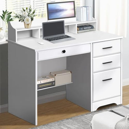 Computer Desk with 4 Drawers and Hutch, Home Office White Writing Desk with File Drawer and Shelves for Small Spaces, Small Desk Study Table for Bedroom - color: Light White
