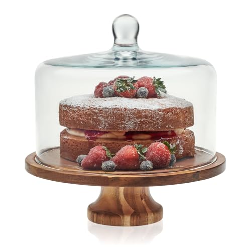 Libbey Acacia Wood Cake Stand with Lid, Footed Cake Stand With Cover, Durable Ball Top Handle Glass Dessert Dome - color: Footed Round