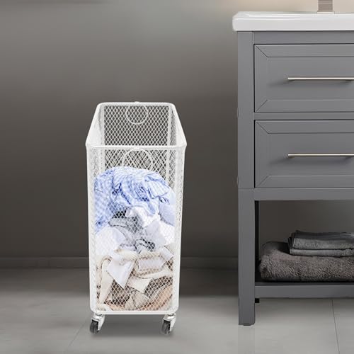 Wire Metal Rolling Laundry Basket On Wheels,Mesh Wire Laundry Basket Storage Cart for Bathroom Bedroom Dirty Clothes Storage (H) - size: H
